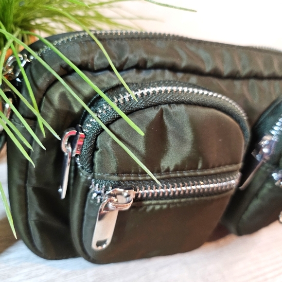 Olive Green Nylon Crossbody Bag Dual Pocket Adjustable Strap Sporty - Picture 5 of 12